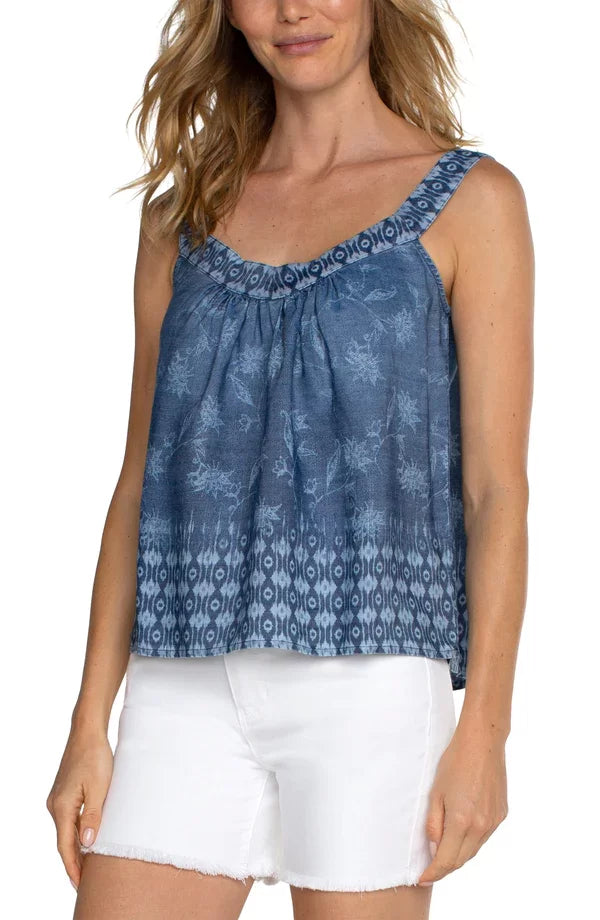 Liverpool Indigo Floral Chambray Tank Top styled with white shorts, perfect for trendy coastal style and summer outfits Texas.