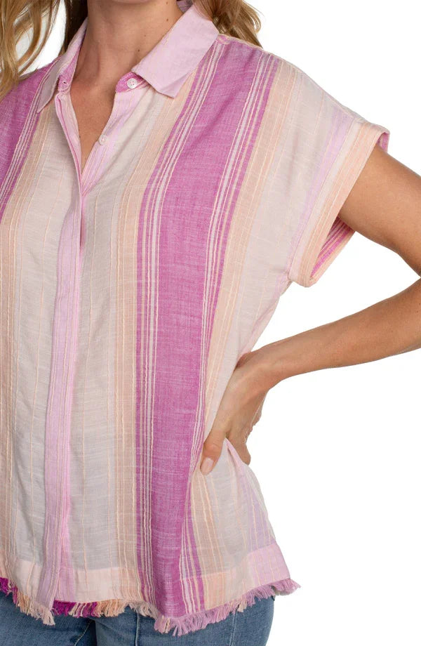 Liverpool Lavender Striped Top featuring multistripe design and fray hem, perfect for summer outfits Texas.