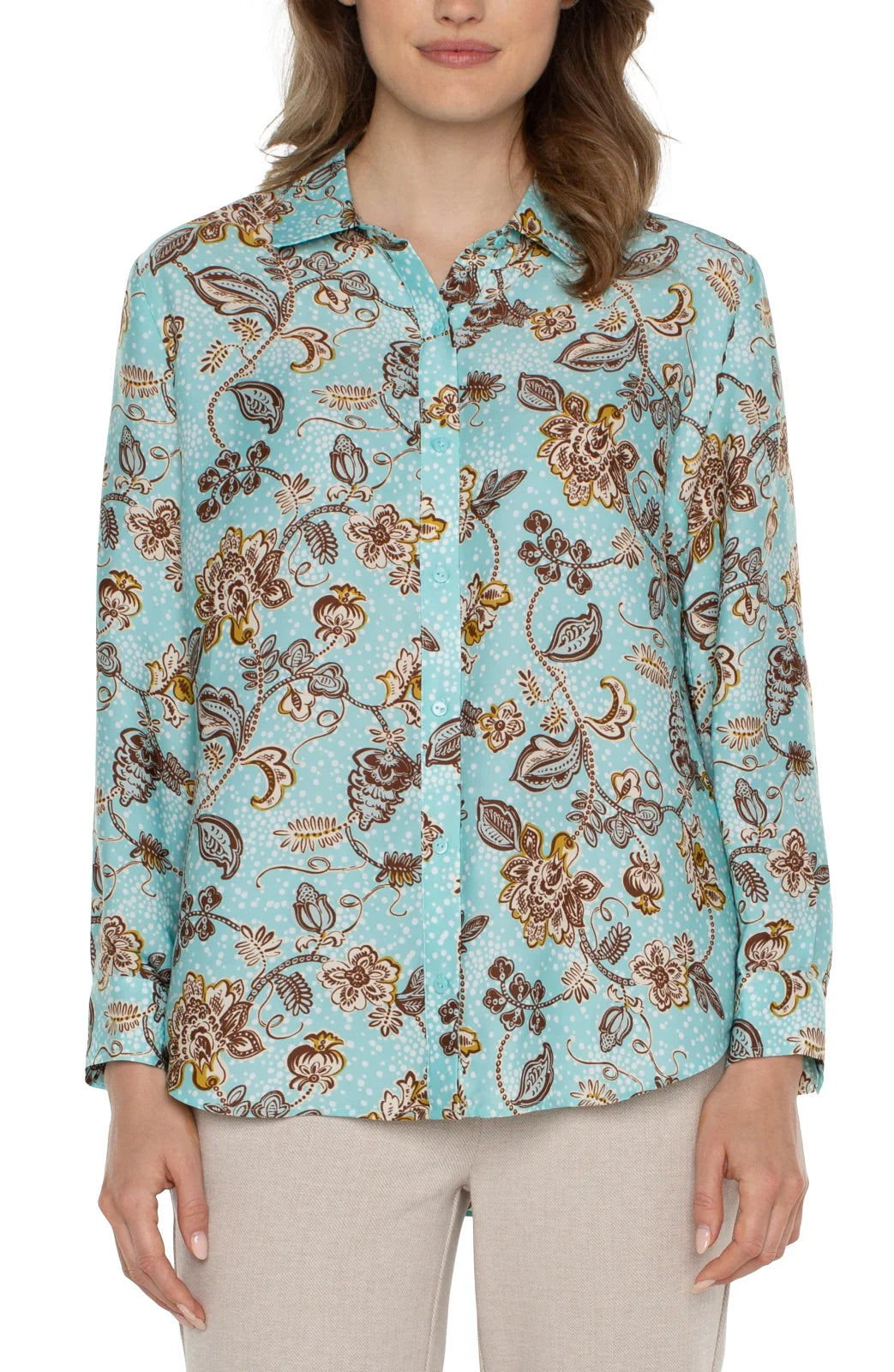 Liverpool Pastel Button Up shirt with floral pattern, perfect for coastal boutique clothing and stylish tops for women.