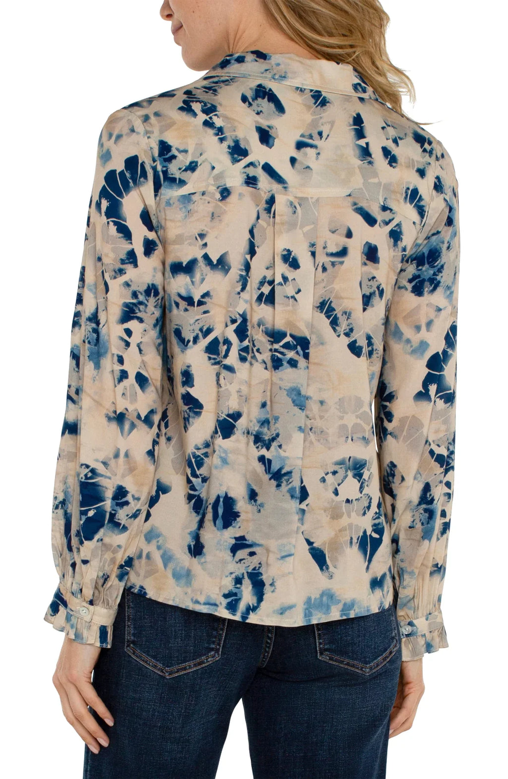 Back view of Liverpool collard button top in lapis multi, perfect for coastal boutique clothing and tropical vacation dresses.