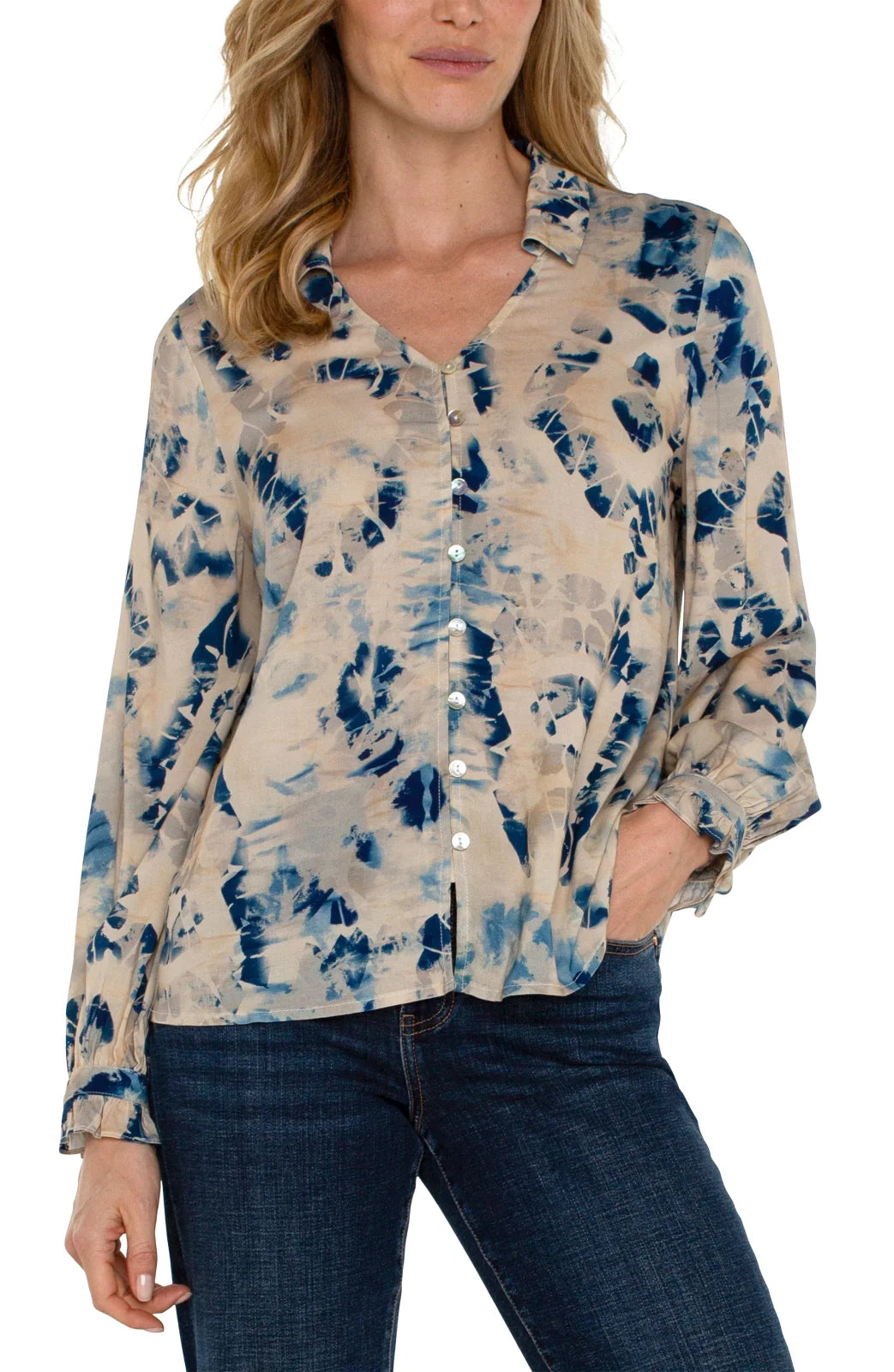 LIVERPOOL Collard Button Front Top in Lapis Multi, coastal boutique clothing for curvy women, stylish and comfortable.