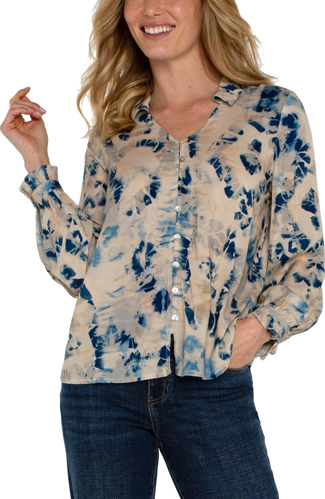 Liverpool Collard button front top in lapis multi, perfect for coastal boutique clothing and tropical vacation dresses.