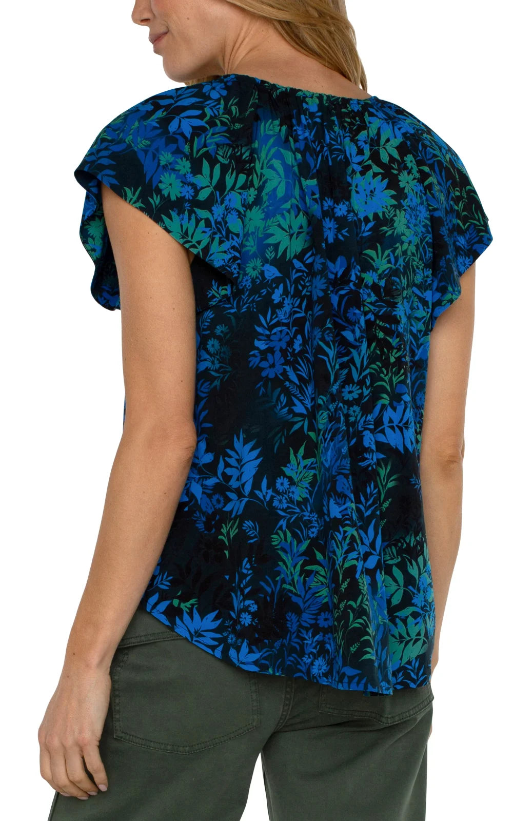 Back view of Liverpool Topaz Raglan top with floral pattern, perfect for coastal boutique clothing and stylish women's fashion.