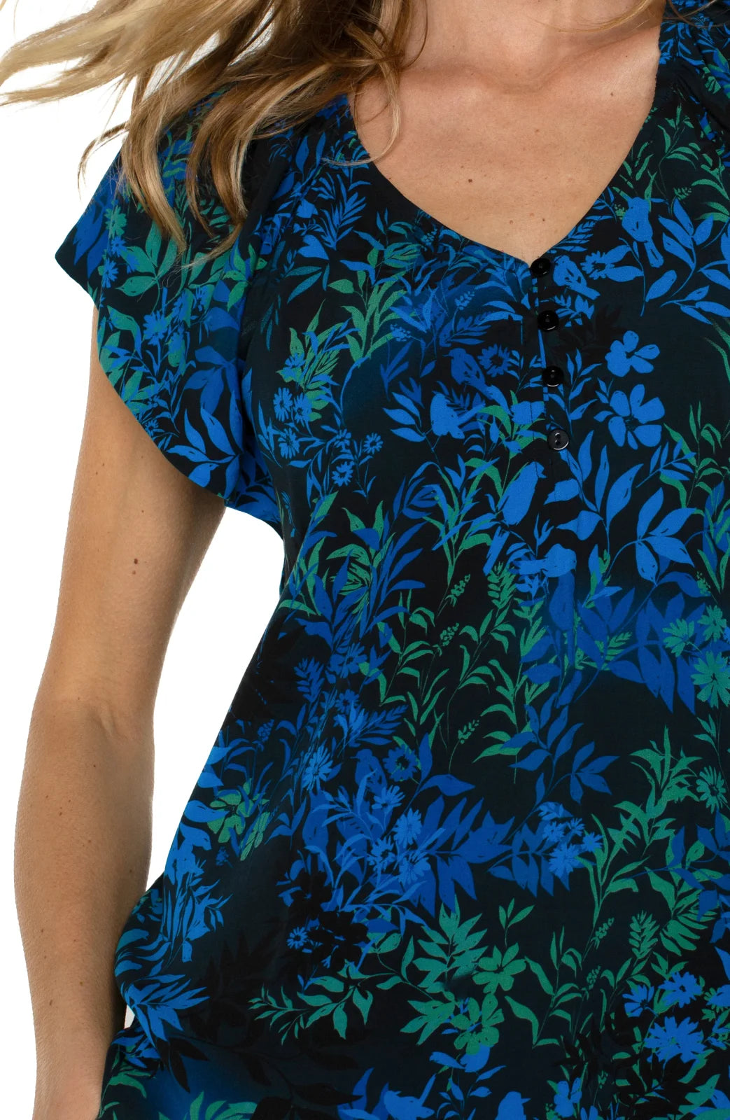 Liverpool Topaz Raglan Top featuring a floral design, perfect for coastal boutique clothing and stylish tops for women.