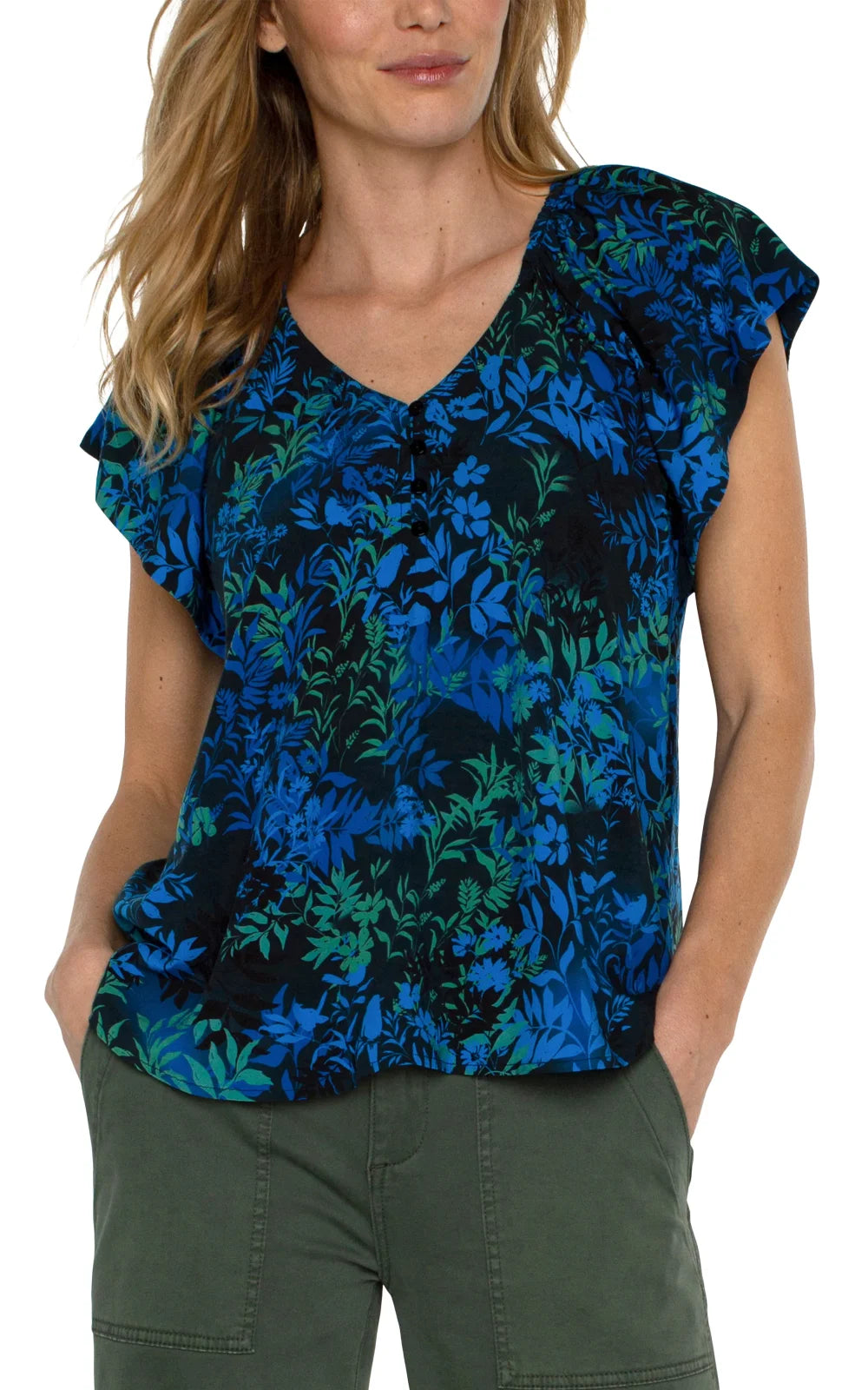 Stylish Liverpool Topaz Raglan Top with flutter sleeves, perfect for coastal boutique clothing and beach dresses.