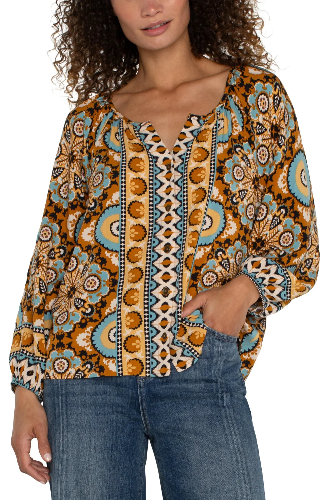 LP Ocean and Jasper Long-Sleeve Button Front Top featuring a vibrant pattern, perfect for coastal fashion boutique style.