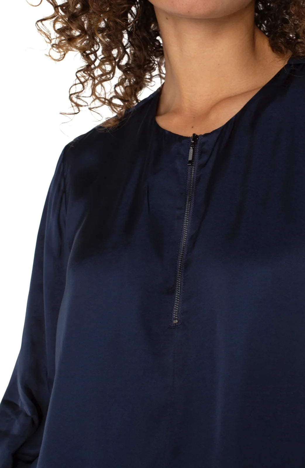 Liverpool navy satin zip front top: stylish addition for coastal boutique clothing and curvy plus size fashion.