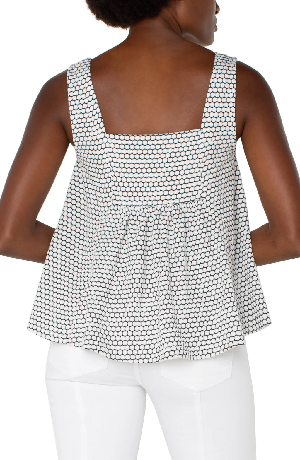 Stylish sleeveless square neck top in black and white geometric print, perfect for coastal boutique clothing and beach dresses.