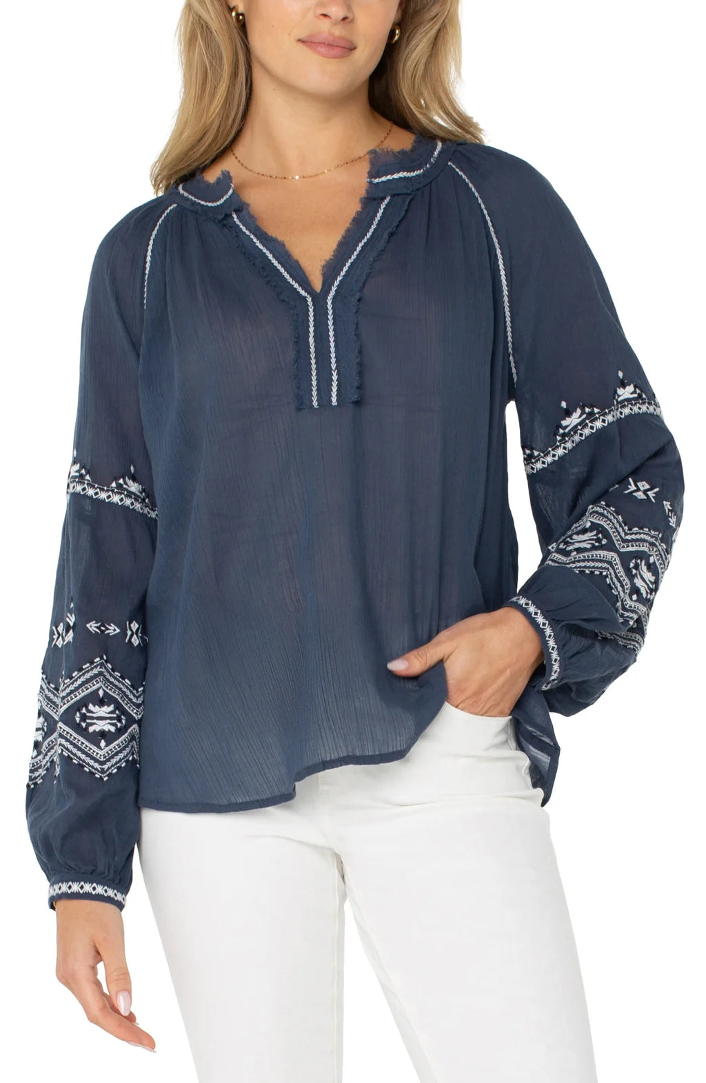 Liverpool Insignia Blue Long Sleeve Raglan Top, stylish women's top from a coastal boutique, perfect for tropical vacations.