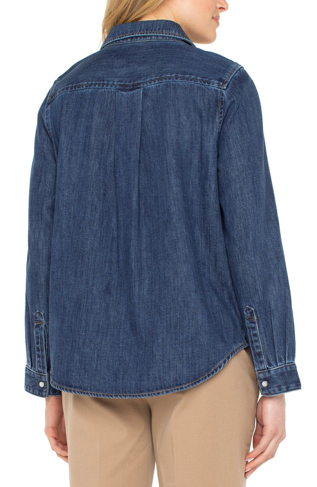 Liverpool Button Down Shirt With Pockets-North Shore back view showcasing denim fabric and button details, perfect for trendy coastal style.