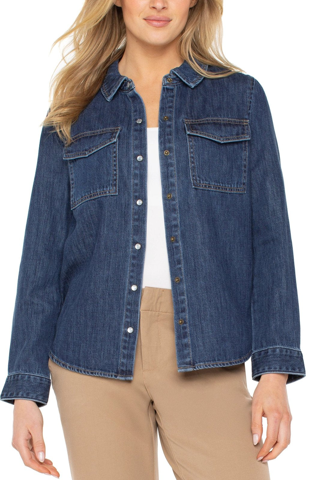 Liverpool Button Down Shirt With Pockets-North Shore displayed on a model, featuring faux pearl buttons and two front flap pockets.