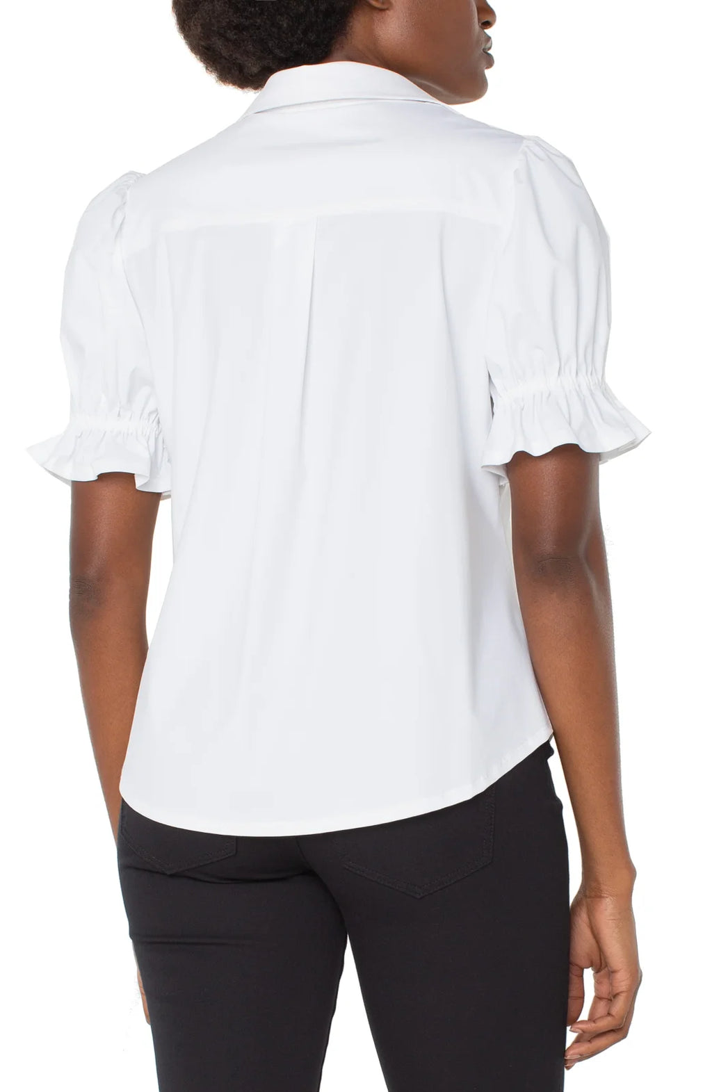 Back view of LP Snap Front Knit Shirt in white, featuring puffed sleeves perfect for polished work or causal chic styles.