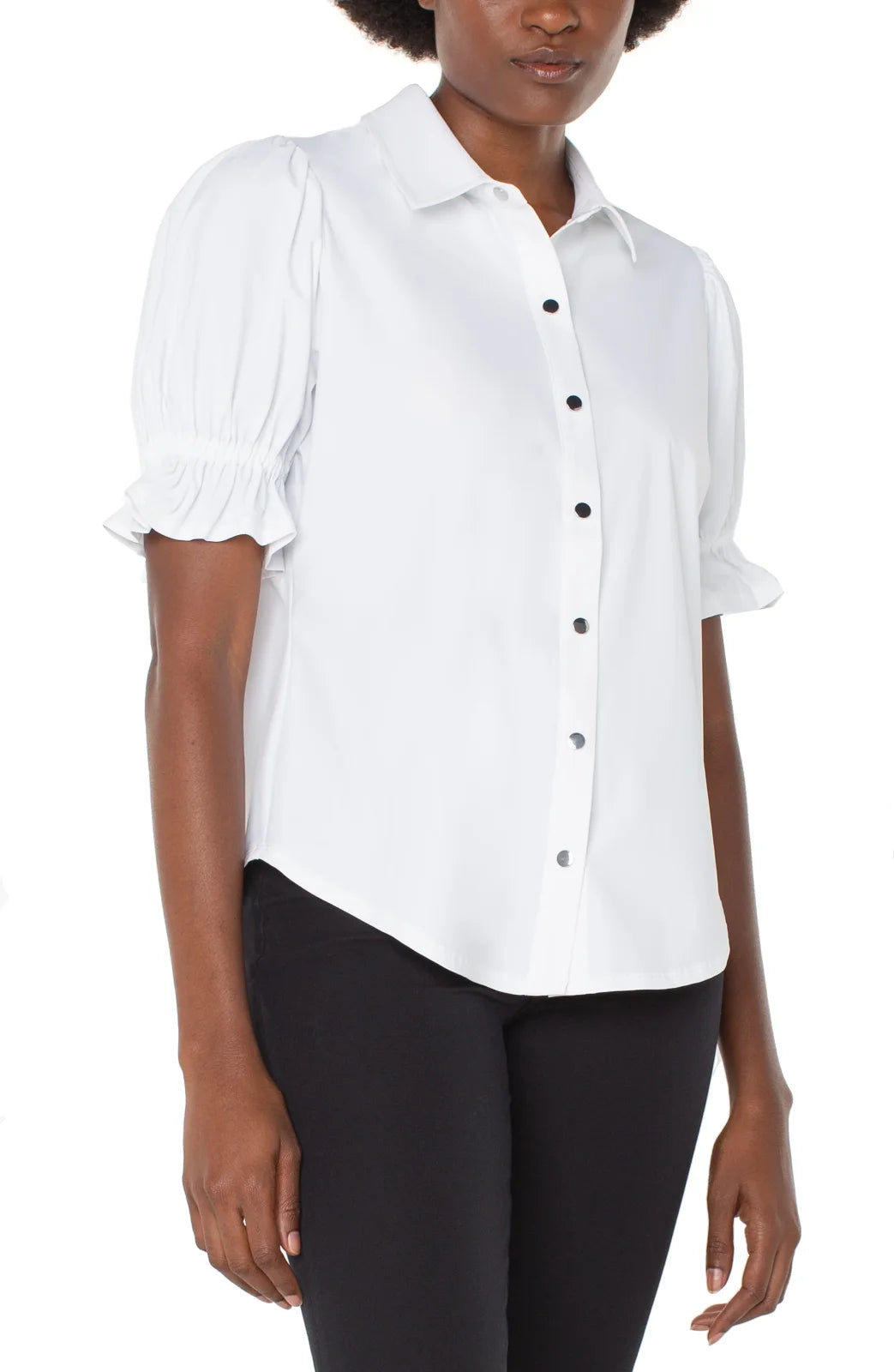 Elevate your style with the LP Snap Front Knit Shirt in white, featuring puffed sleeves and perfect for chic outings.