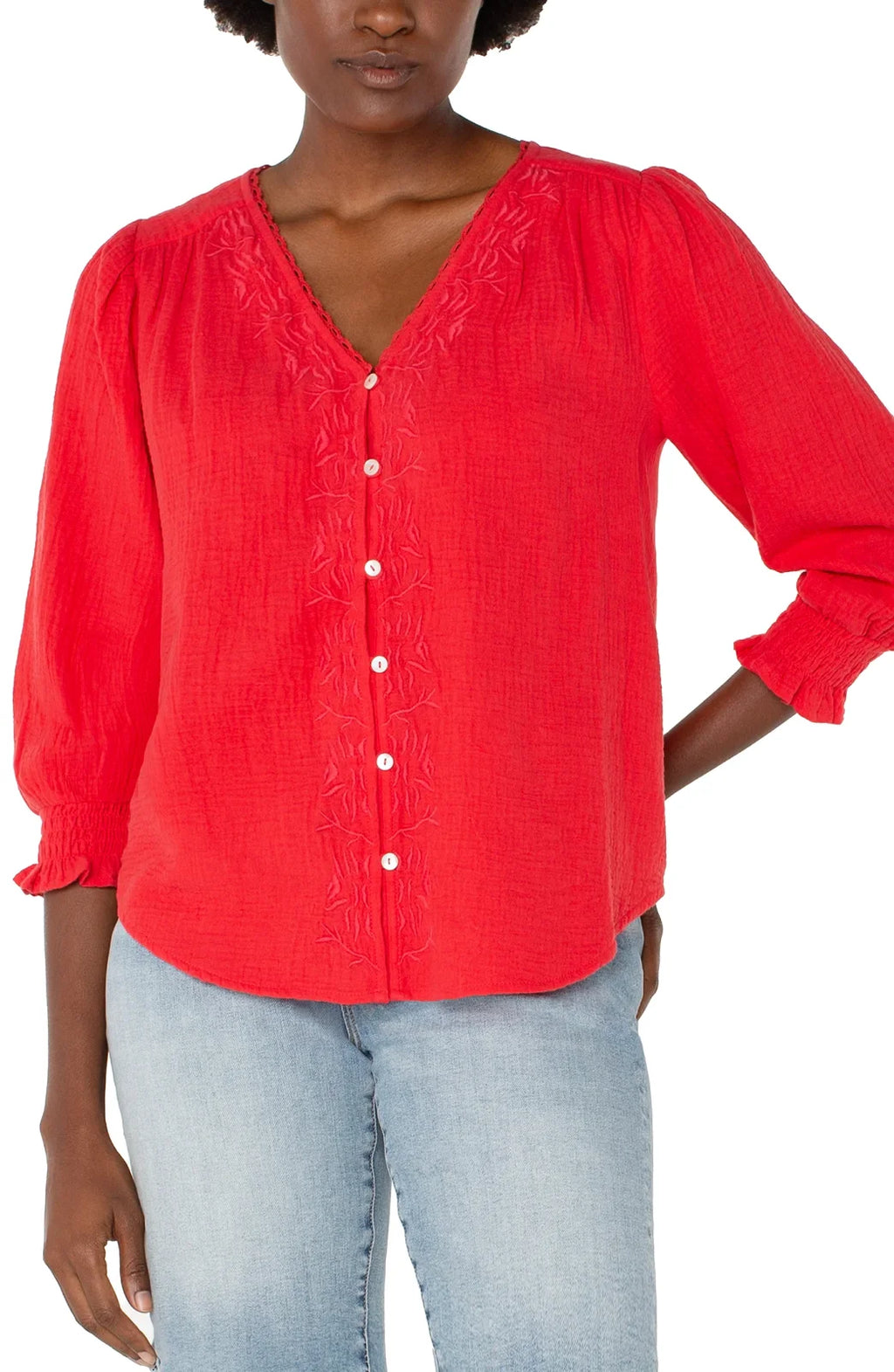 LP Geranium embroidered top in vibrant red, perfect for spring and summer from Port Aransas boutique, stylish women's fashion.