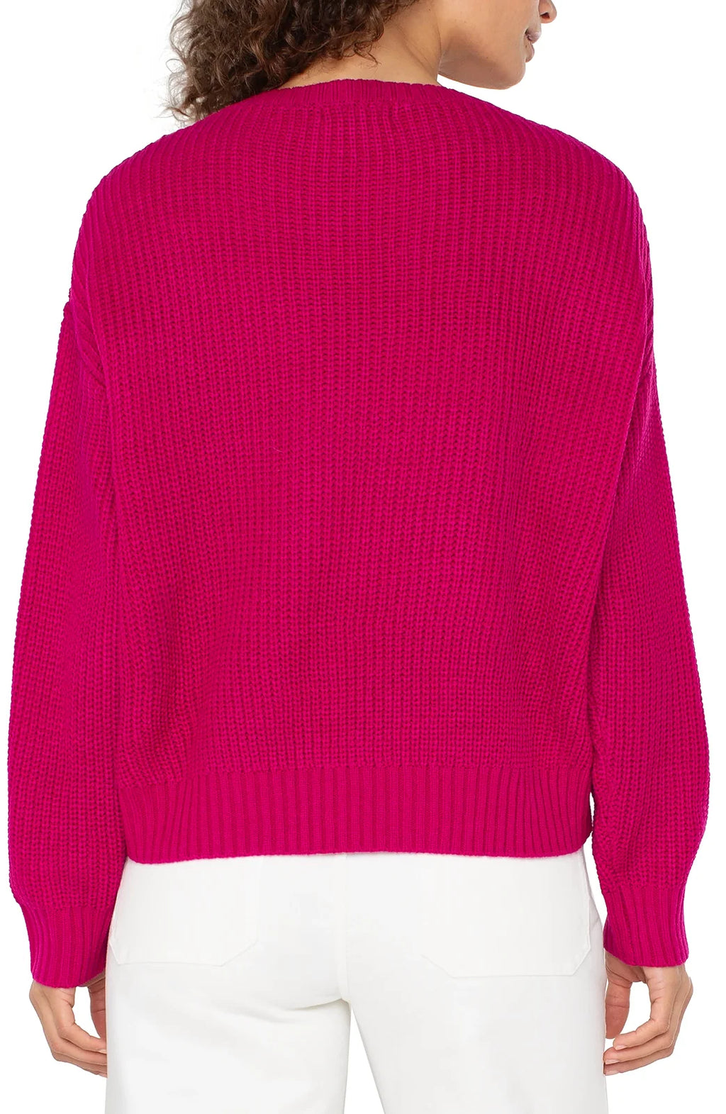 Long Sleeve Crew Neck Sweater With Fringe in Deep Raspberry Pink