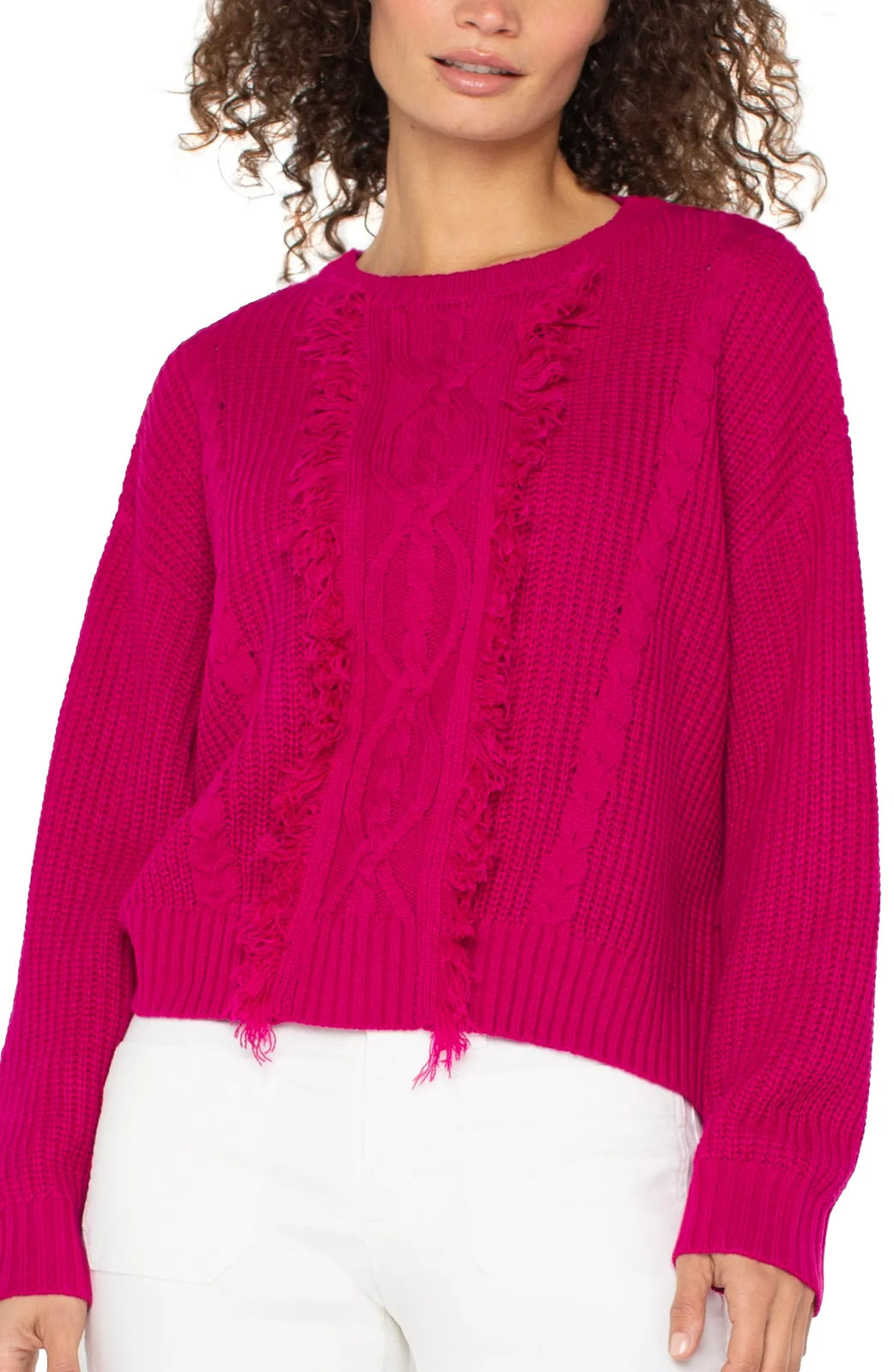 Long Sleeve Crew Neck Sweater With Fringe in Deep Raspberry Pink