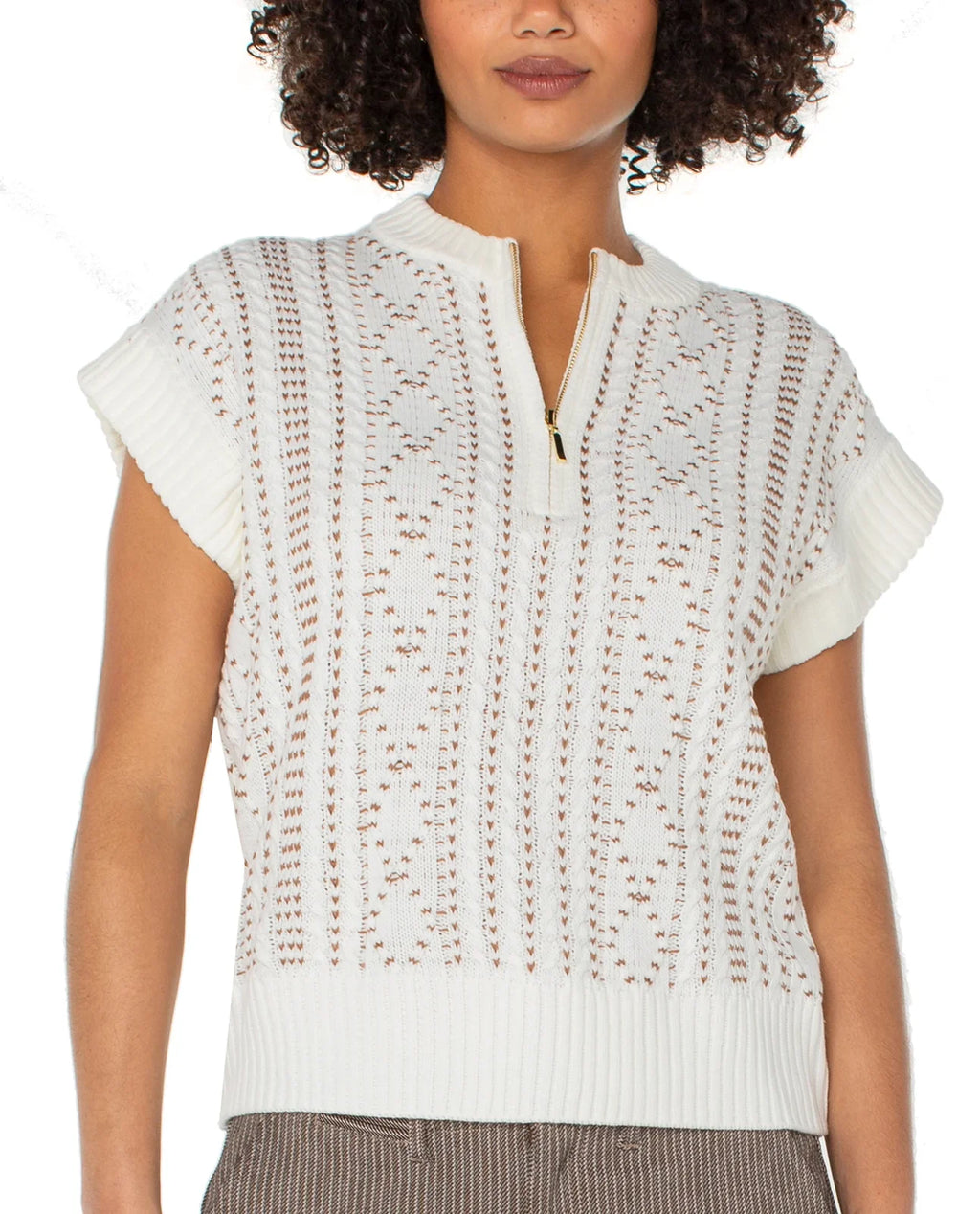 Creme with Camel Zip Sweater Vest