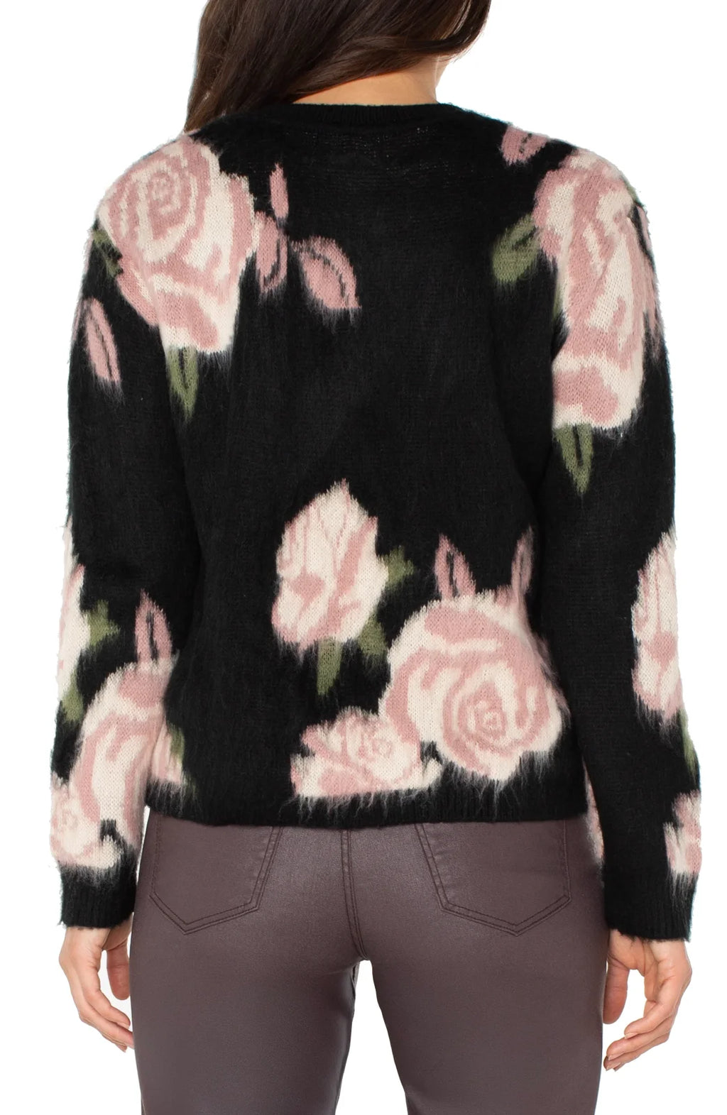 Black Floral Crew Neck Drop Shoulder Sweater