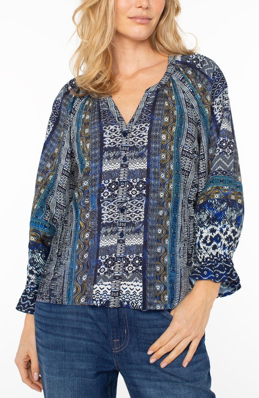 Stylish blue patterned blouse from Liverpool clothing brand, perfect for coastal boutique clothing and curated women's fashion.