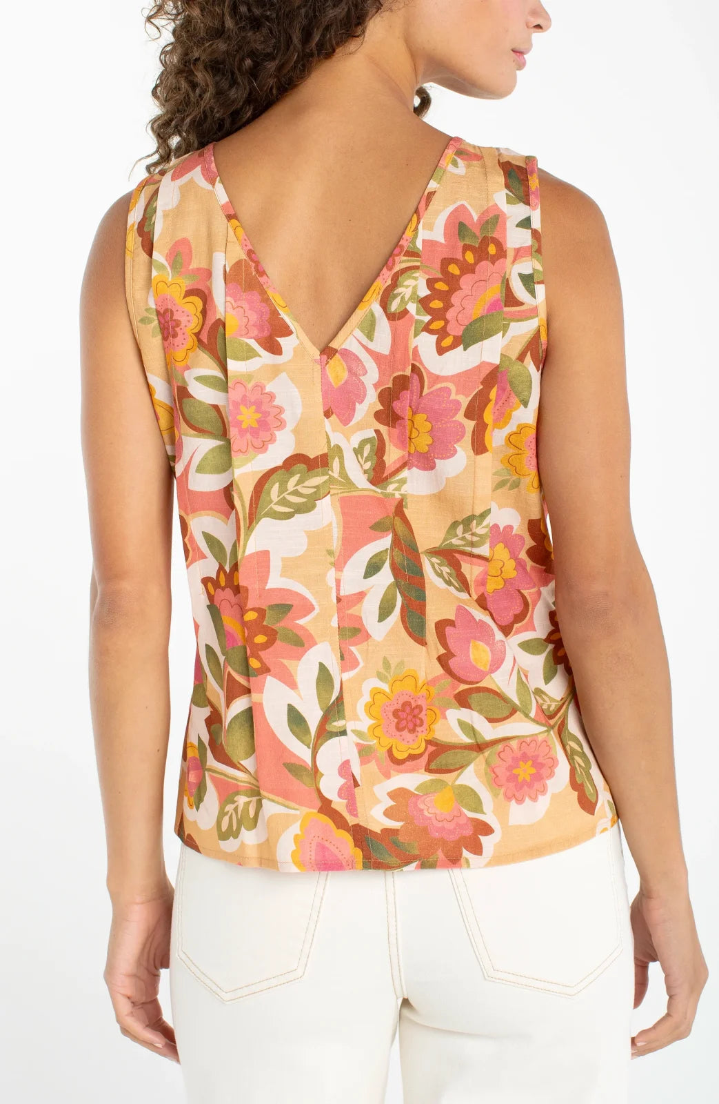 LP V-Neck Woven Top W/ Pintucks -Tan Floral