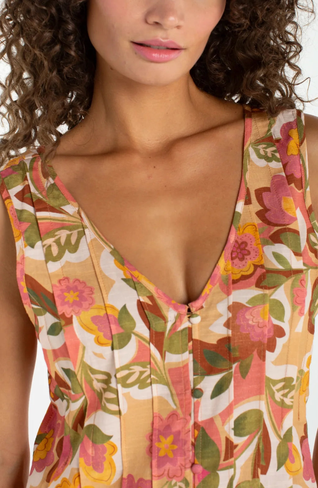 LP V-Neck Woven Top W/ Pintucks -Tan Floral