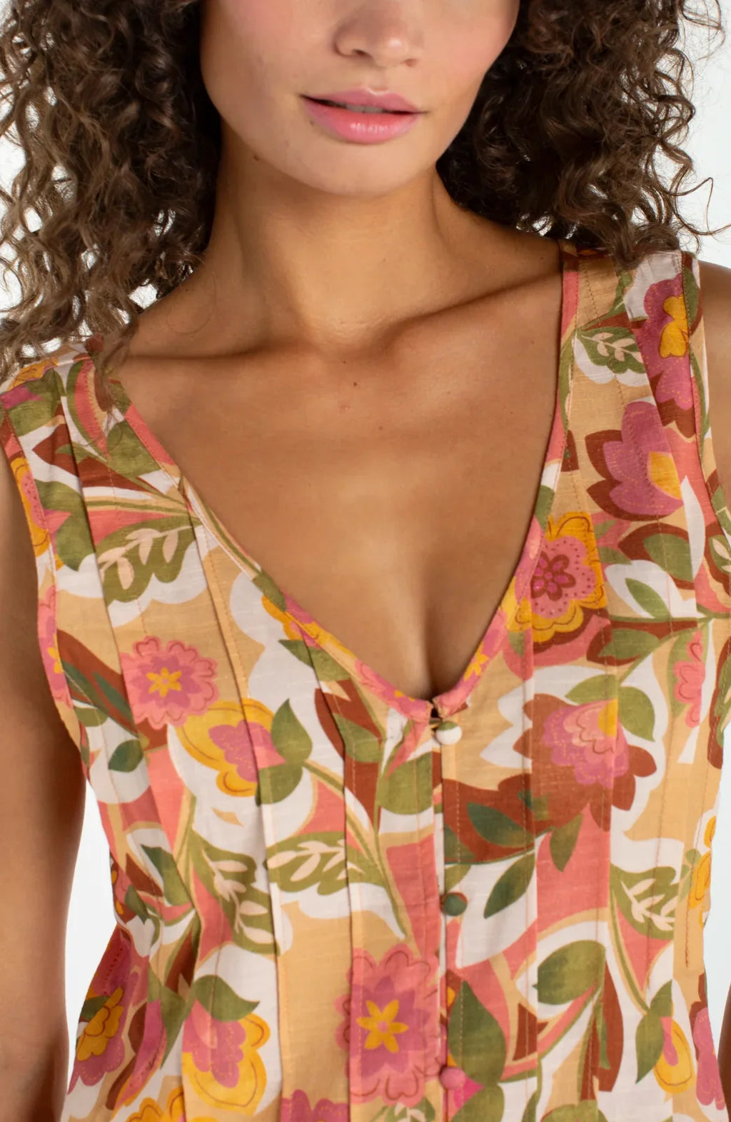 LP V-Neck Woven Top W/ Pintucks -Tan Floral