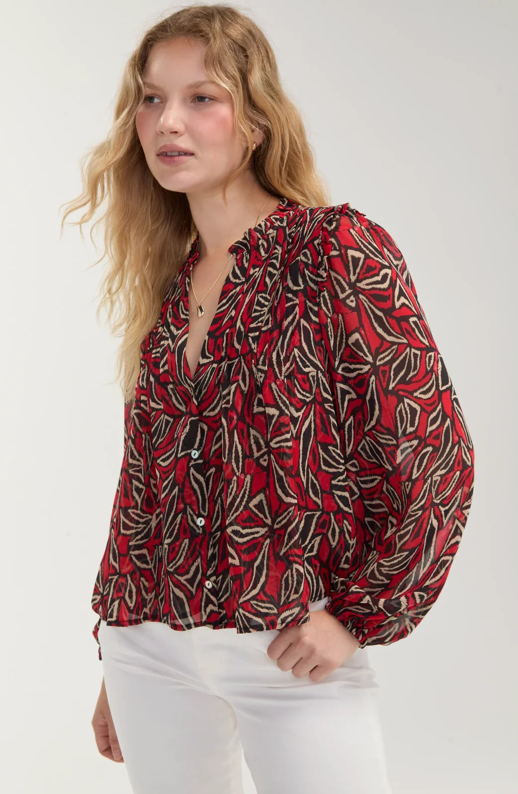 LP Long Sleeve Woven Blouse W/ Pintucks -Red/Blk