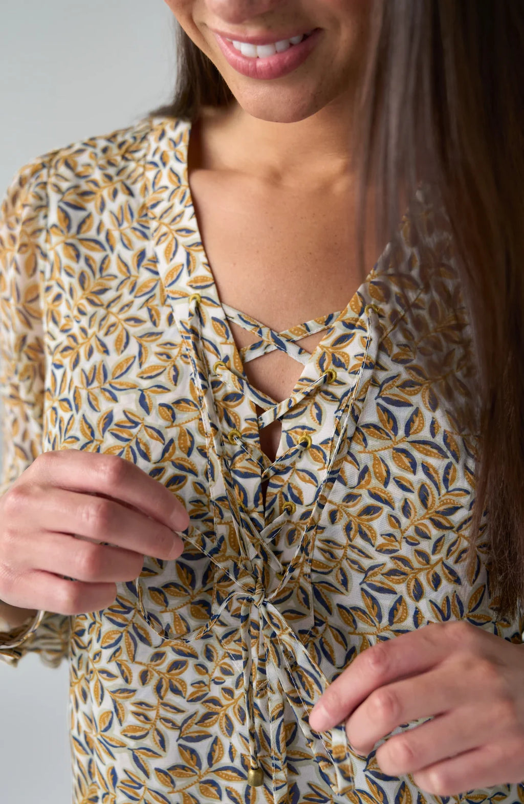 LP -Long Sleeve Lace Up Blouse -Gold Blue Multi