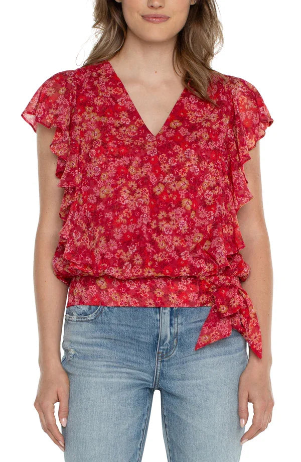 Liverpool Berry Balsam Waist -Tie Top featuring floral print, ruffle sleeves, and waist tie for trendy coastal style.