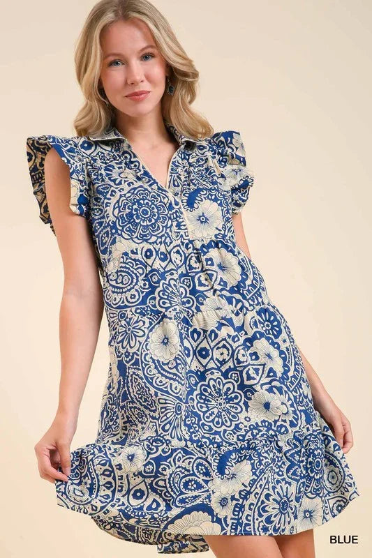 Louisa Dress in blue, 100% cotton, perfect for coastal boutique clothing and tropical vacation dresses for women's fashion.