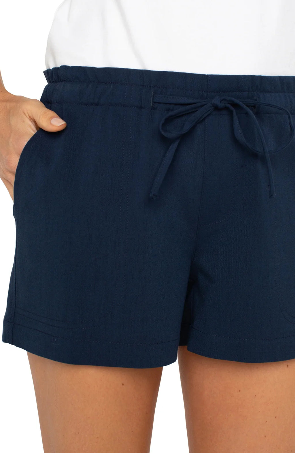 LP Pull On Shorts with Front Tie in Dark Navy, perfect for coastal boutique clothing and stylish women's bottoms.