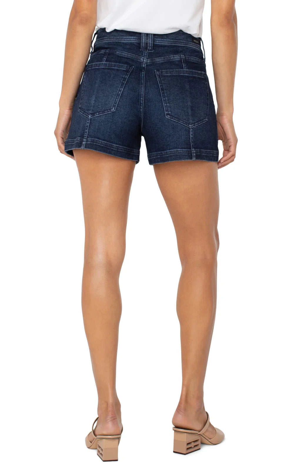 Back view of LP Christine Denim Utility Shorts, perfect for summer, curated women's fashion at coastal boutique clothing.
