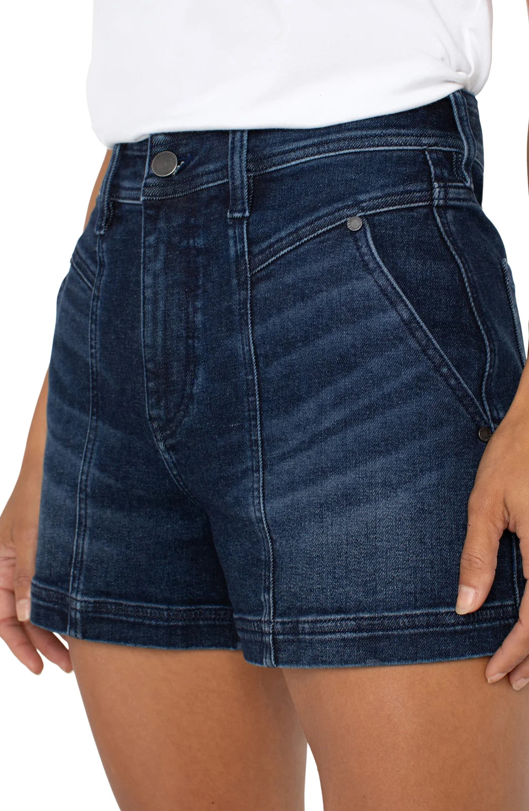 LP Christine Denim Utility Shorts in dark wash, perfect for summer, versatile for casual outfits, ideal for Port Aransas boutique style.