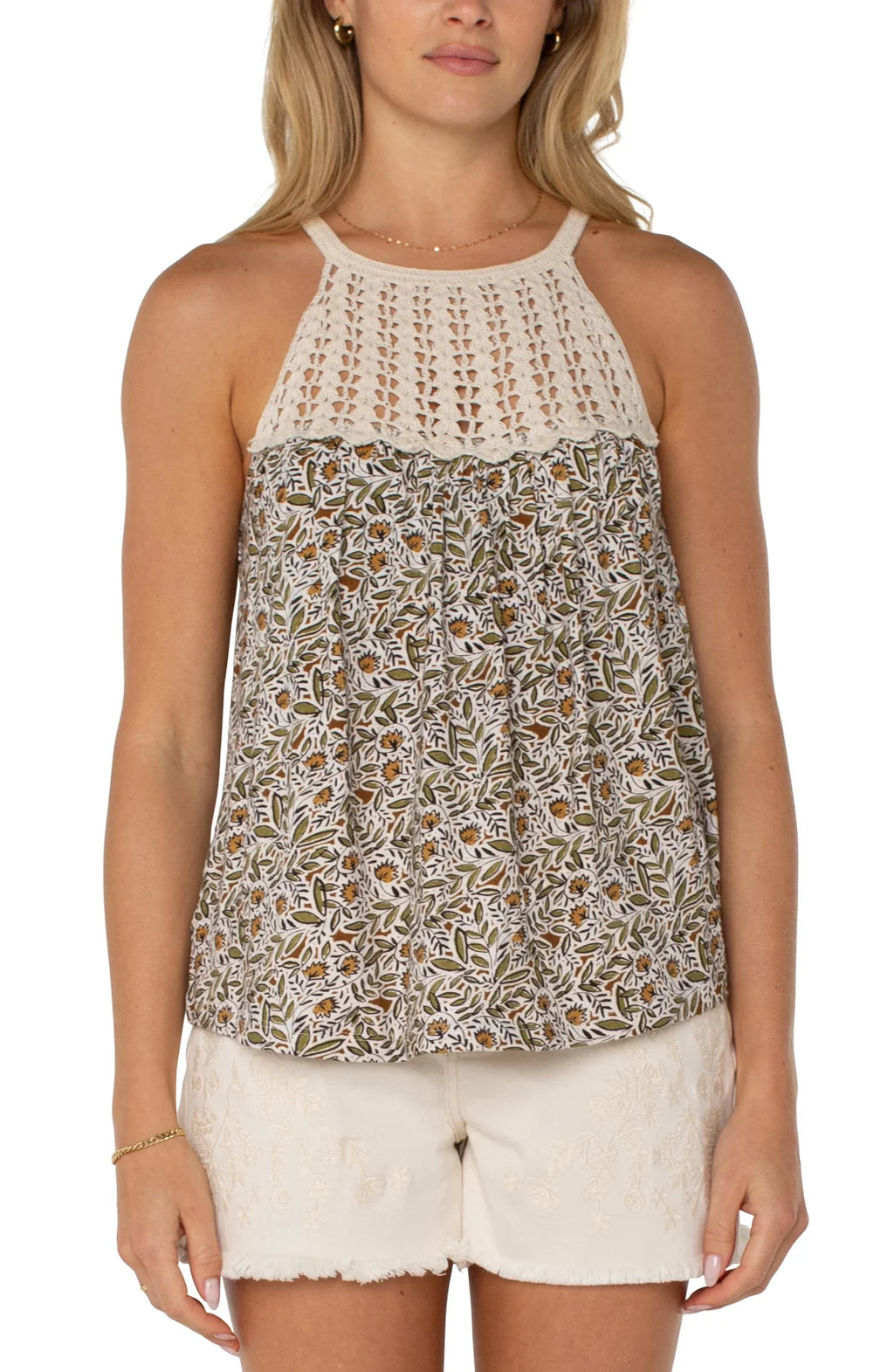 Olive Print Halter with Crochet Detail, stylish top for women, perfect for coastal boutique clothing and tropical vacations.