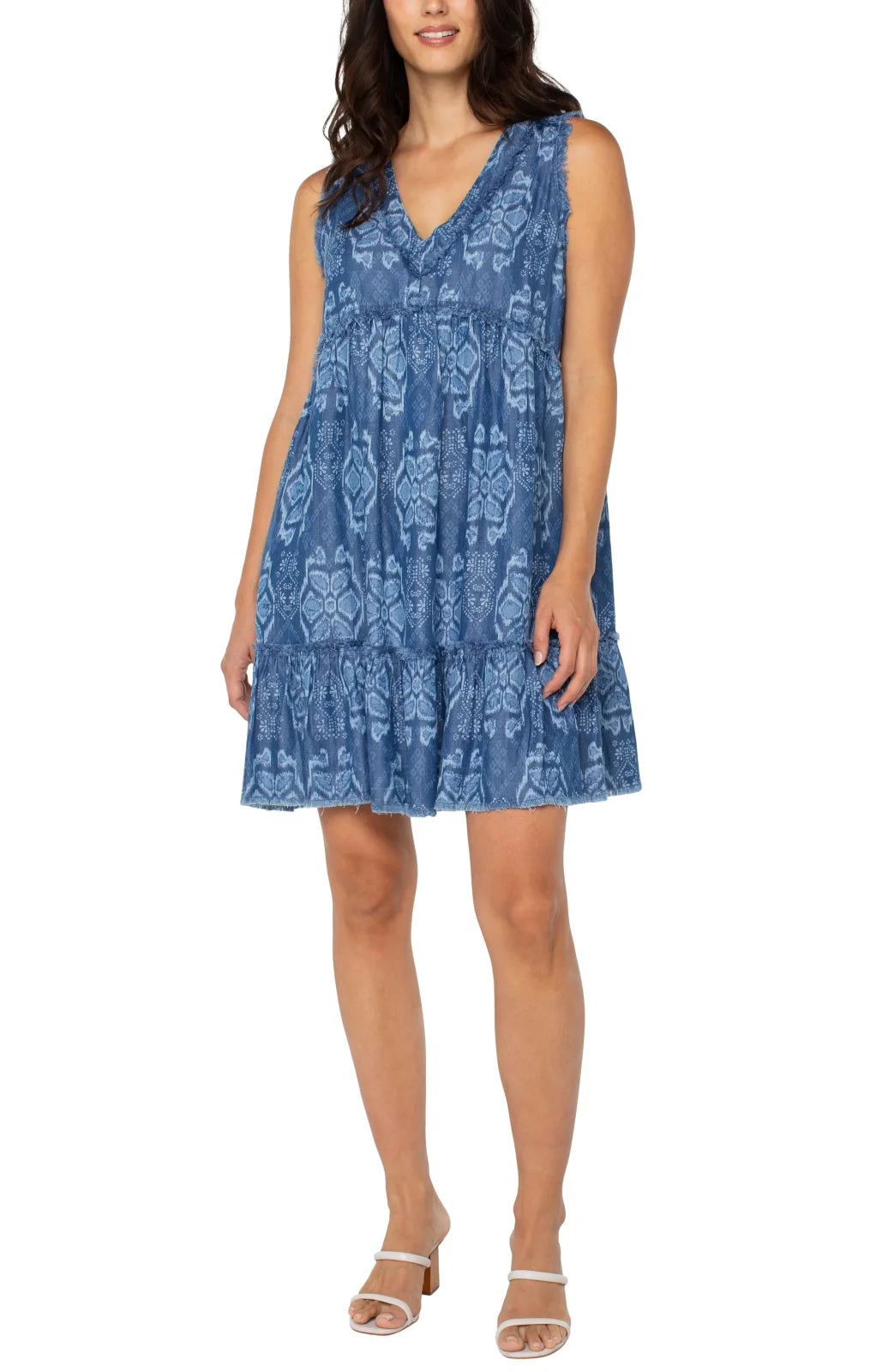 Tribal print chambray dress from a coastal boutique, stylish and comfortable for beach outings and tropical vacations.