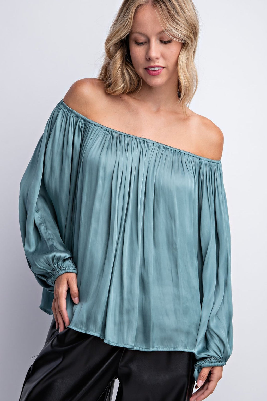 Sea Foam Satin Top for women, perfect for coastal boutique clothing and tropical vacation dresses. Stylish addition to any wardrobe.