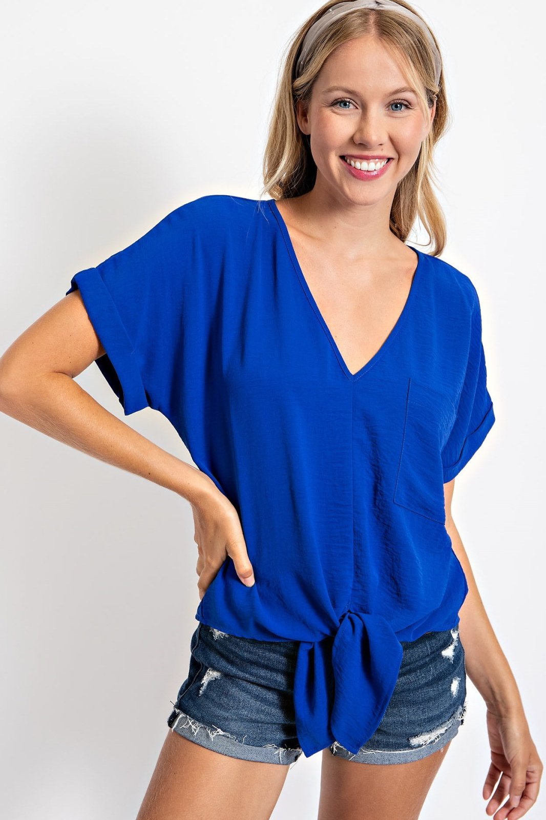 ROYAL BLUE FRONT-TIE TOP styled for trendy coastal fashion from Raggdoll Boutique in Port Aransas.