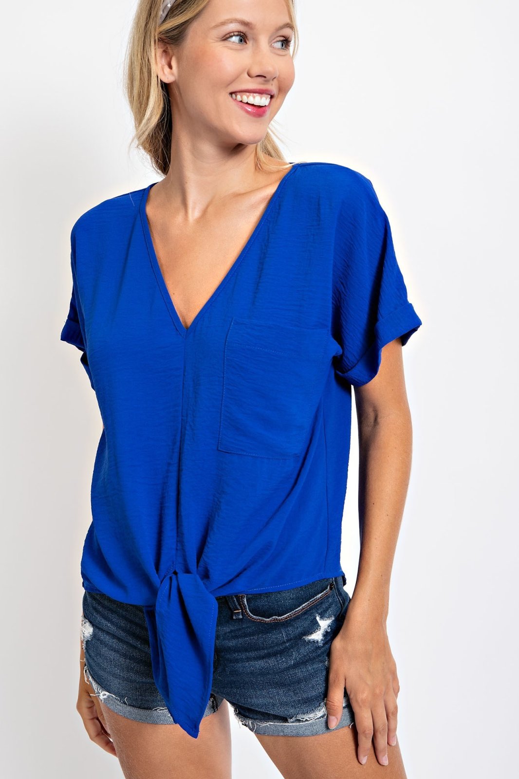 Stylish Solid Royal Tie-Front Top, perfect for coastal boutique clothing and curated women's fashion.