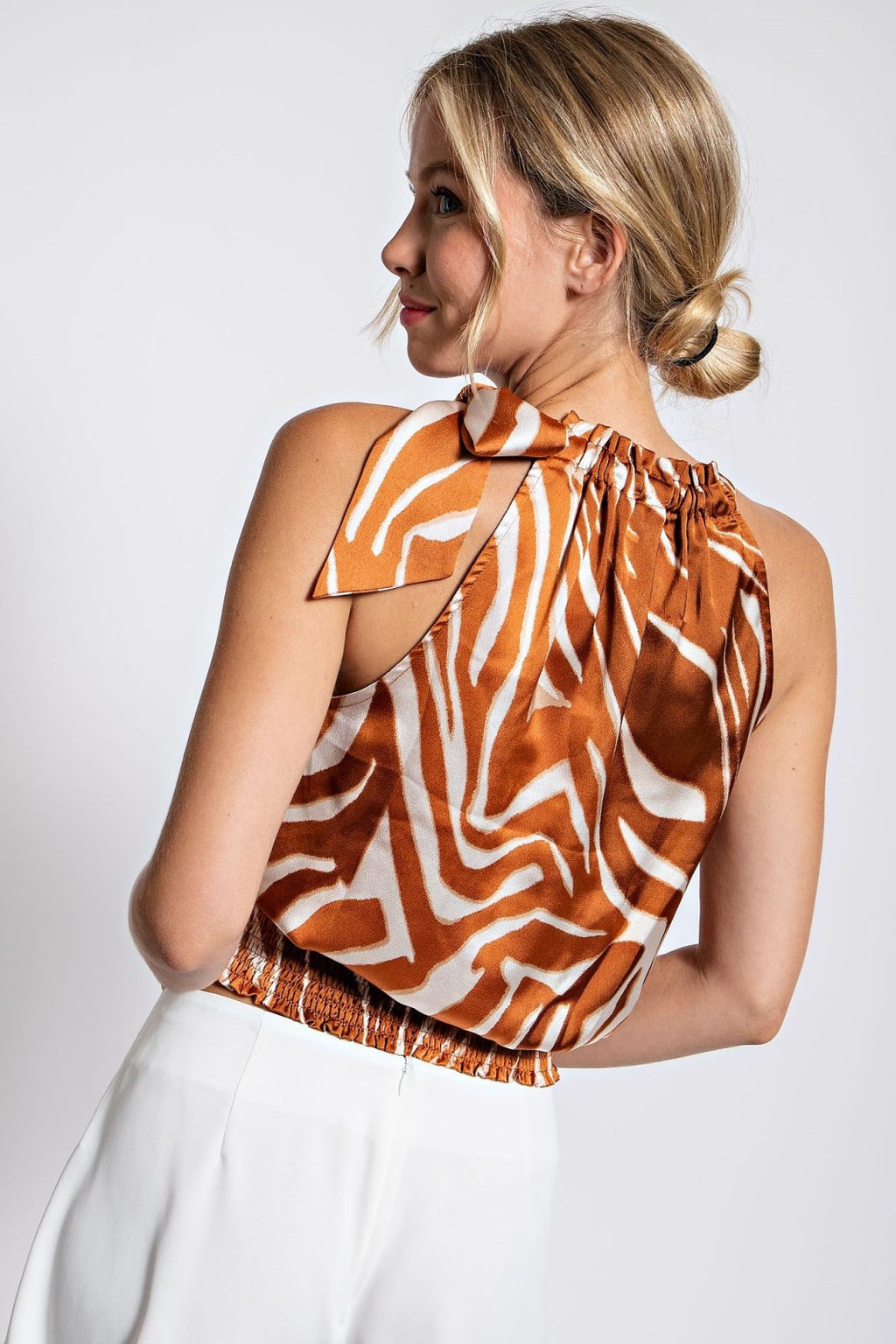 BROWN AND WHITE PRINT HALTER-TOP from Raggdoll Boutique, perfect for summer outfits in Texas and coastal fashion.