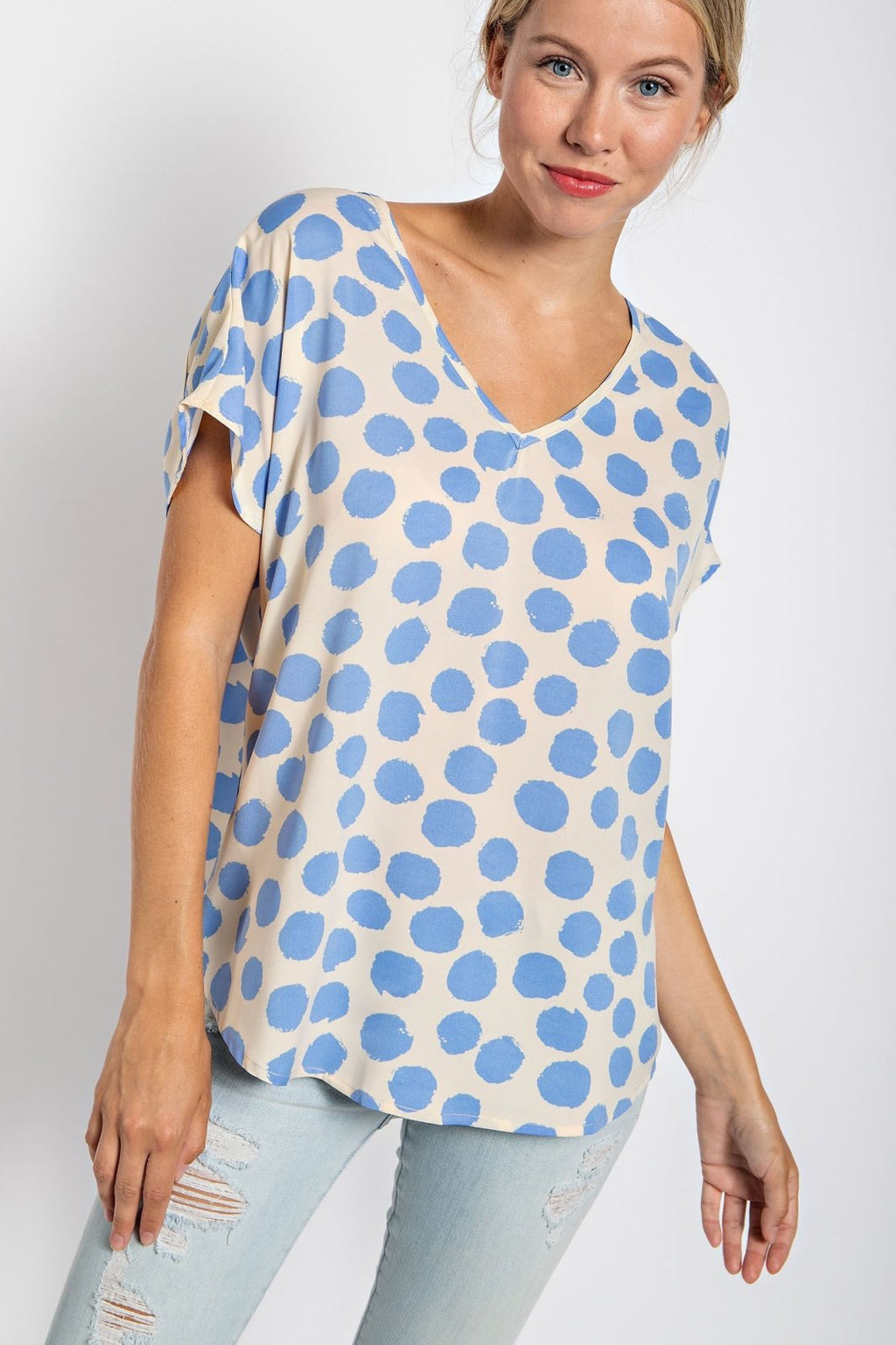 CREAM AND BLUE DOT TOP from Raggdoll Boutique, trendy coastal style for summer outfits Texas.