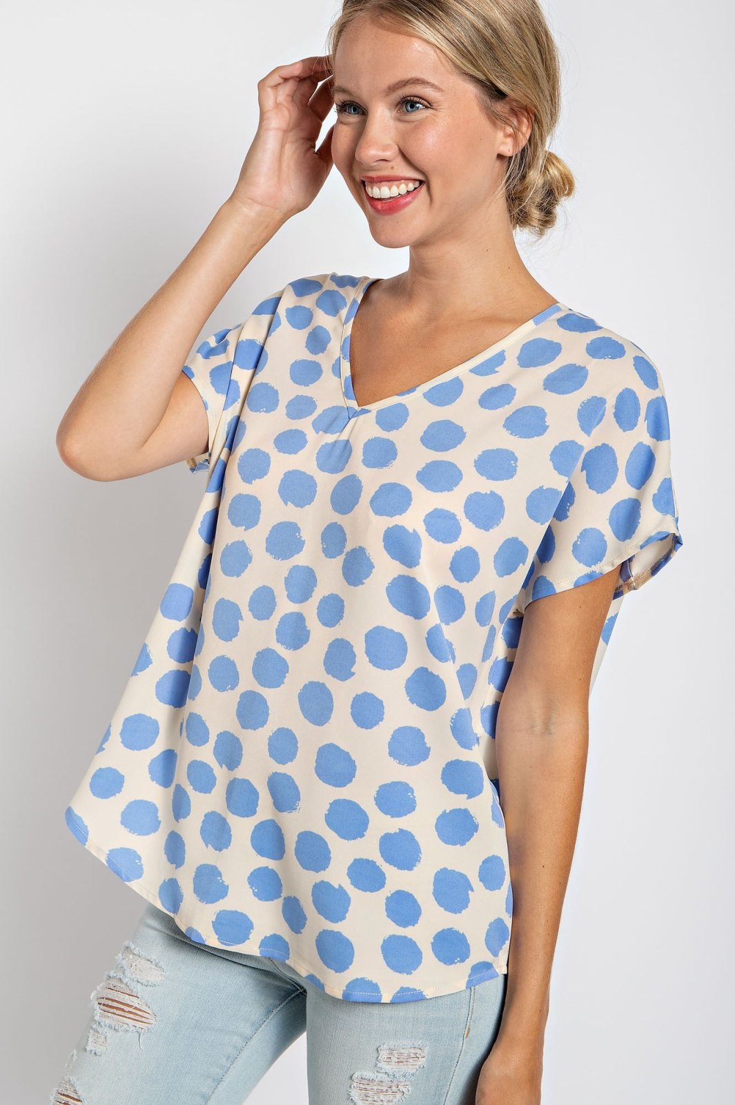 CREAM AND BLUE DOT TOP from Raggdoll Boutique, perfect for coastal fashion and summer outfits Texas.