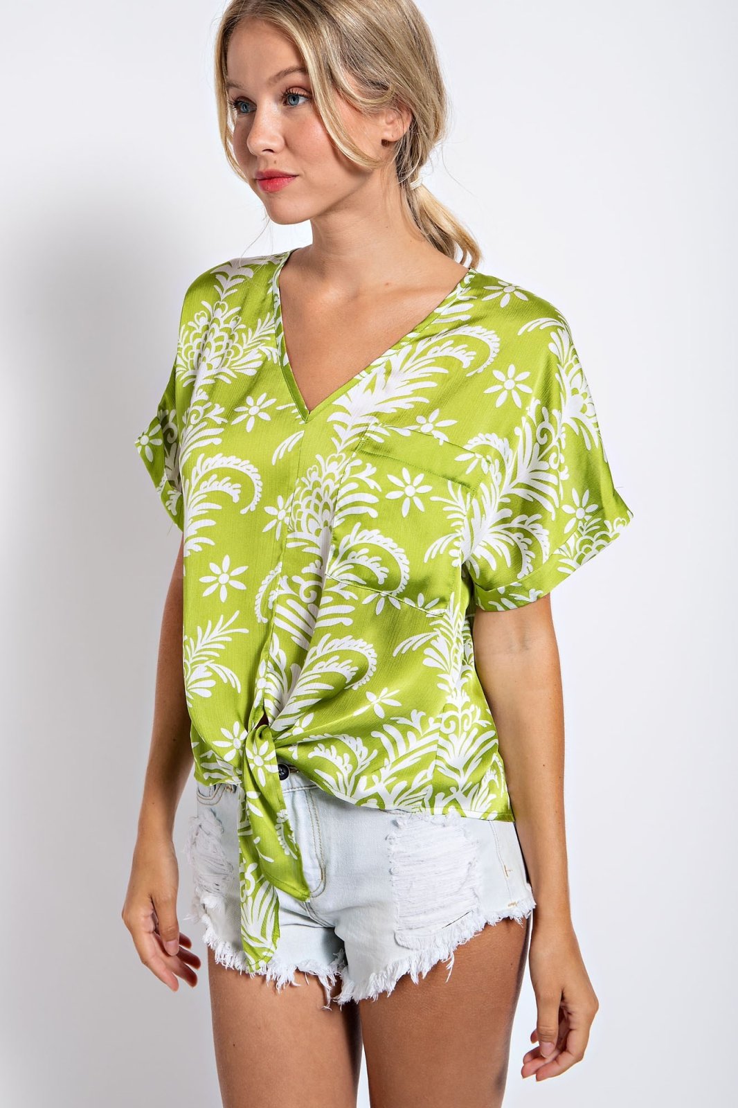 WHITE AND LIME SATIN PRINT TOP from Raggdoll Boutique, perfect for summer outfits Texas and trendy coastal style.