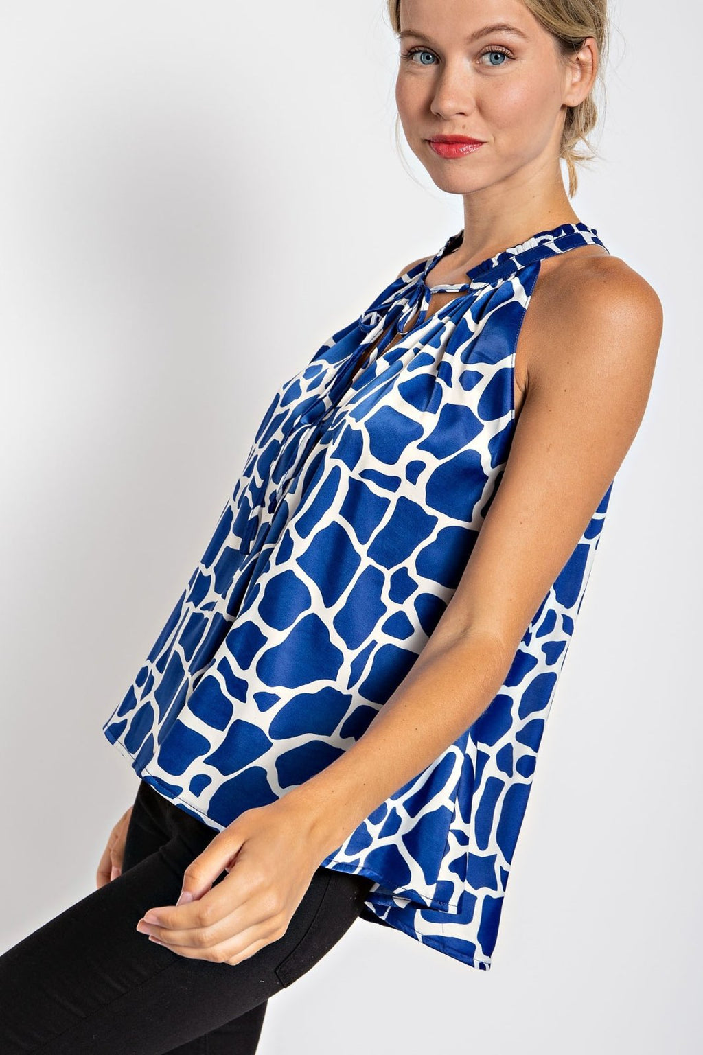 ROYAL AND WHITE PRINT SLEEVELESS TOP worn by a model, perfect for summer outfits Texas from Raggdoll Boutique.