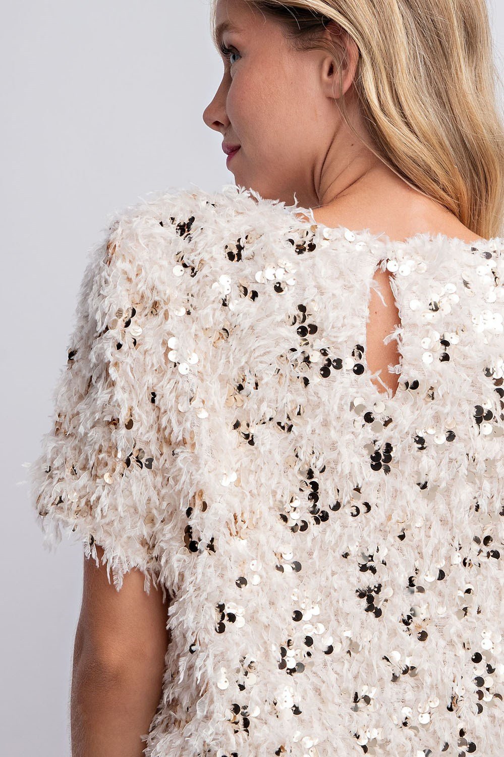 BEIGE SEQUIN SWEATER from Raggdoll Boutique, perfect for trendy coastal style and vacation wardrobe.