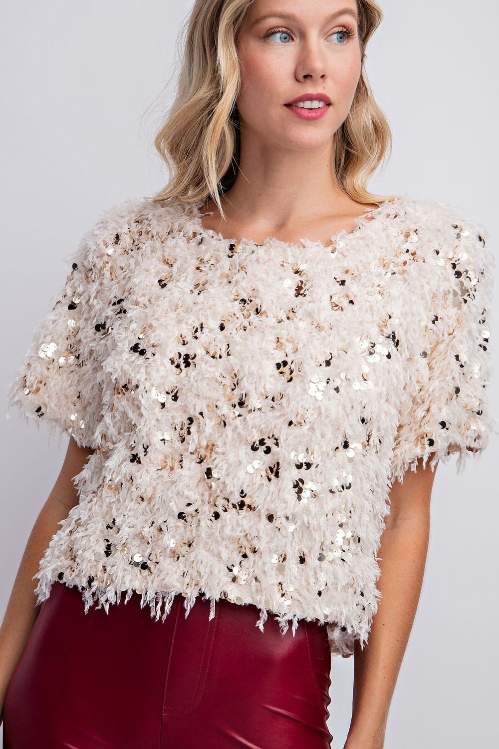 BEIGE SEQUIN SWEATER from Raggdoll Boutique, perfect for trendy coastal style and summer outfits in Port Aransas.