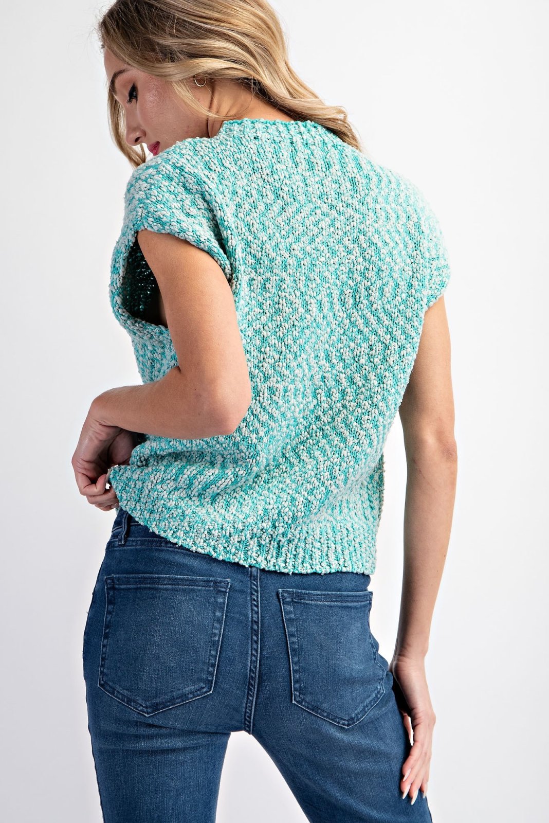 Raggdoll Boutique TURQUOISE MOCK NECK SWEATER worn with jeans, trendy coastal style from Port Aransas boutique.