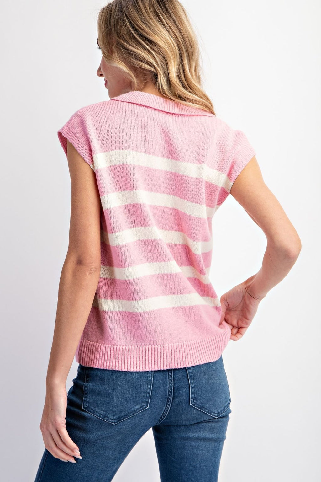 PINK AND CREAM V-NECK SHORT SLEEVE SWEATER from Raggdoll Boutique, a trendy style for summer outfits in Texas.