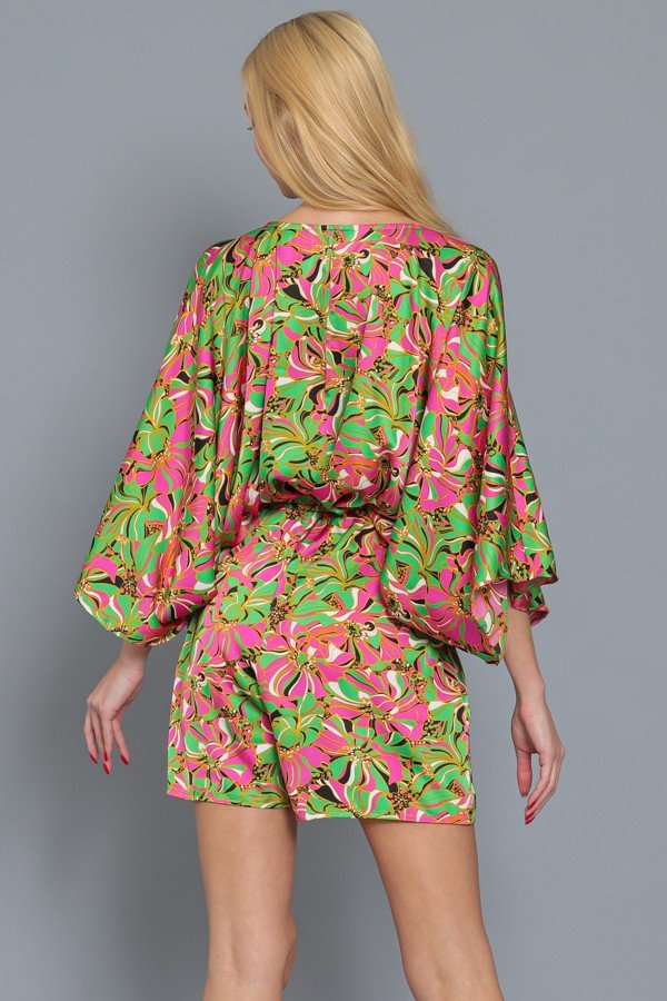 GREEN/PINK PRINT DOLMAN SLEEVE ROMPER from Raggdoll Boutique, a trendy choice for coastal fashion.