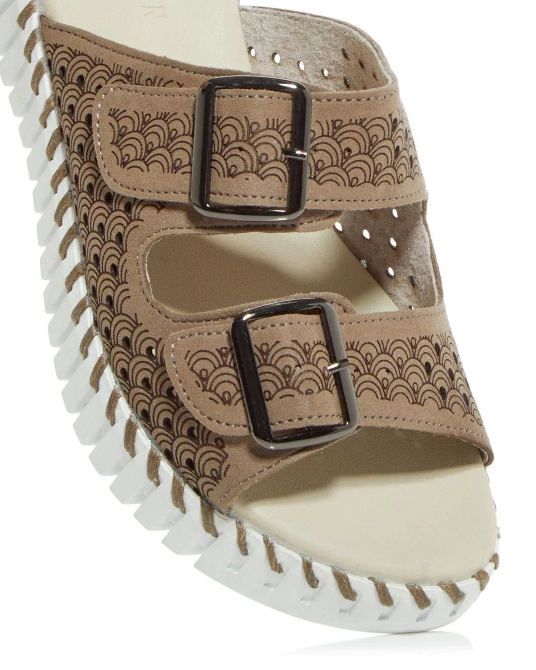 LATTE TULIP SANDALS DOUBLE STRAP W/BUCKLES by ILSE JACOBSEN in tan with decorative design and white sole.