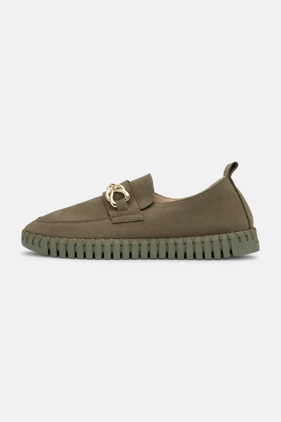 Olive green women’s slip-on shoes with decorative gold detail, ideal for trendy coastal outfits at Raggdoll Boutique.